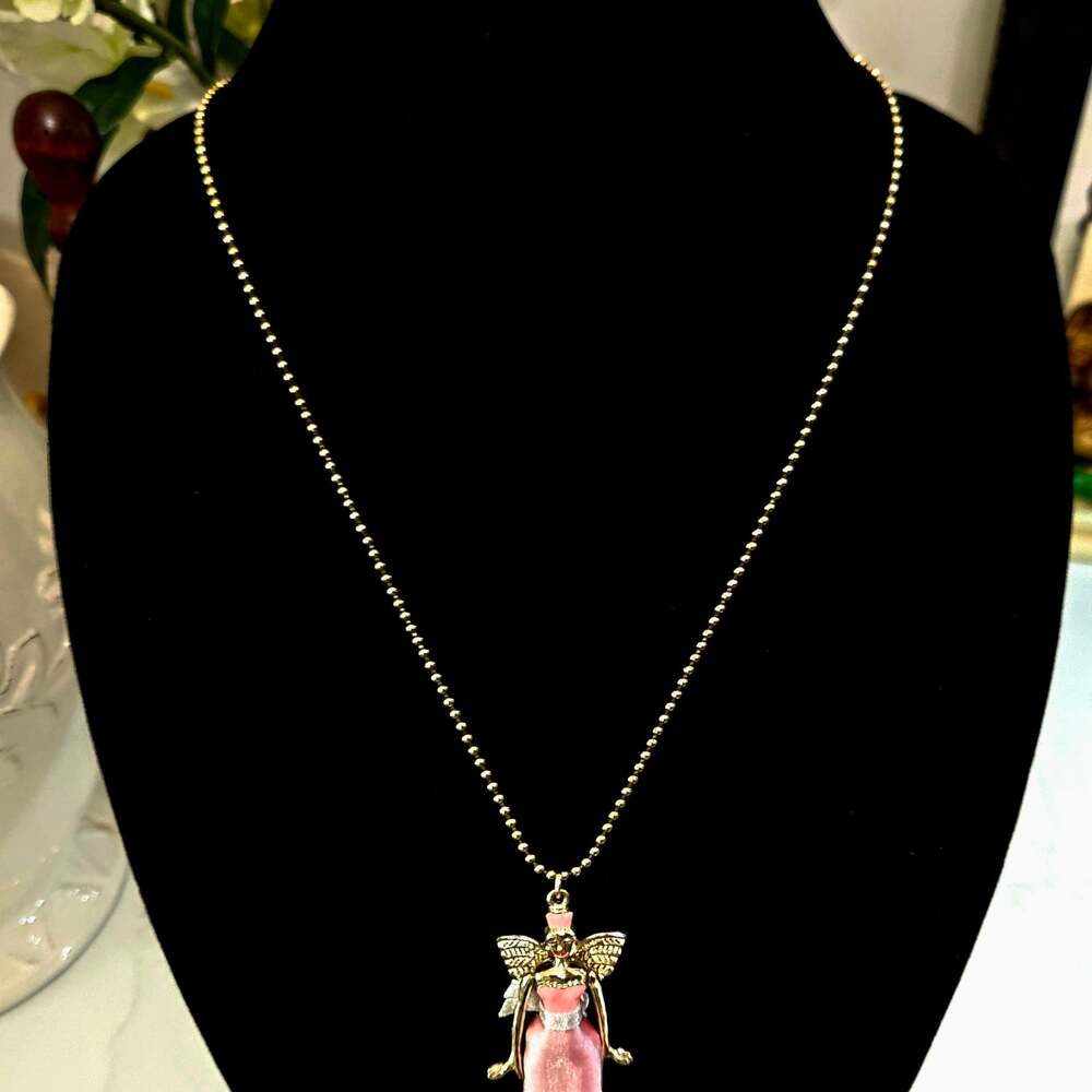 Betsey Johnson Pink Ballerina Angel Pendant Necklace with Fabric Skirt